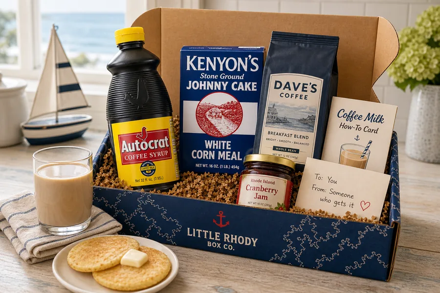 Coffee Milk Breakfast Kit gift box with Autocrat coffee syrup, Kenyon's johnnycake meal, Dave's Coffee, cranberry jam, and a coffee milk how-to card.