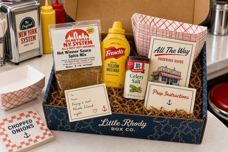 Hot Wiener Night Kit gift box with Olneyville hot wiener sauce mix, French's mustard, McCormick celery salt, paper trays, and ordering guide.